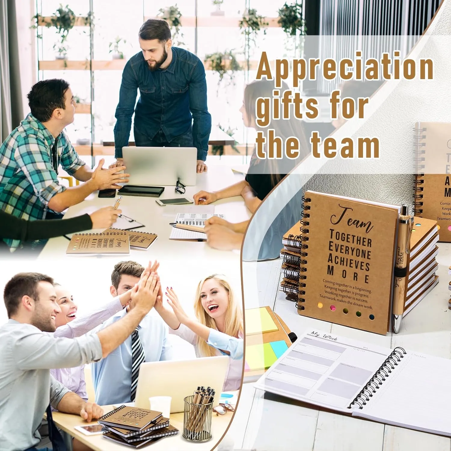 10 Sets Employee Appreciation Gifts Thank You Gifts Bulk Inspirational Spiral Notebooks with Sticky Notepad and Bamboo Pen for Team Volunteer CNA Staff Teacher Students (Team Together)