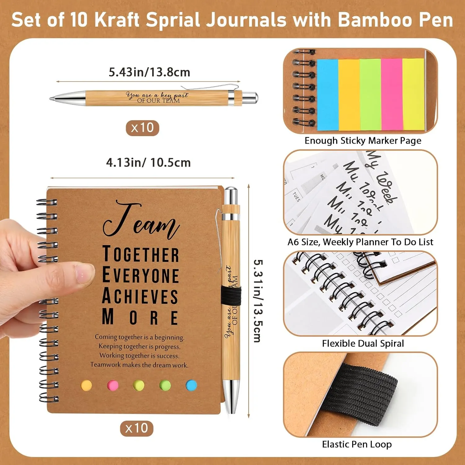 10 Sets Employee Appreciation Gifts Thank You Gifts Bulk Inspirational Spiral Notebooks with Sticky Notepad and Bamboo Pen for Team Volunteer CNA Staff Teacher Students (Team Together)