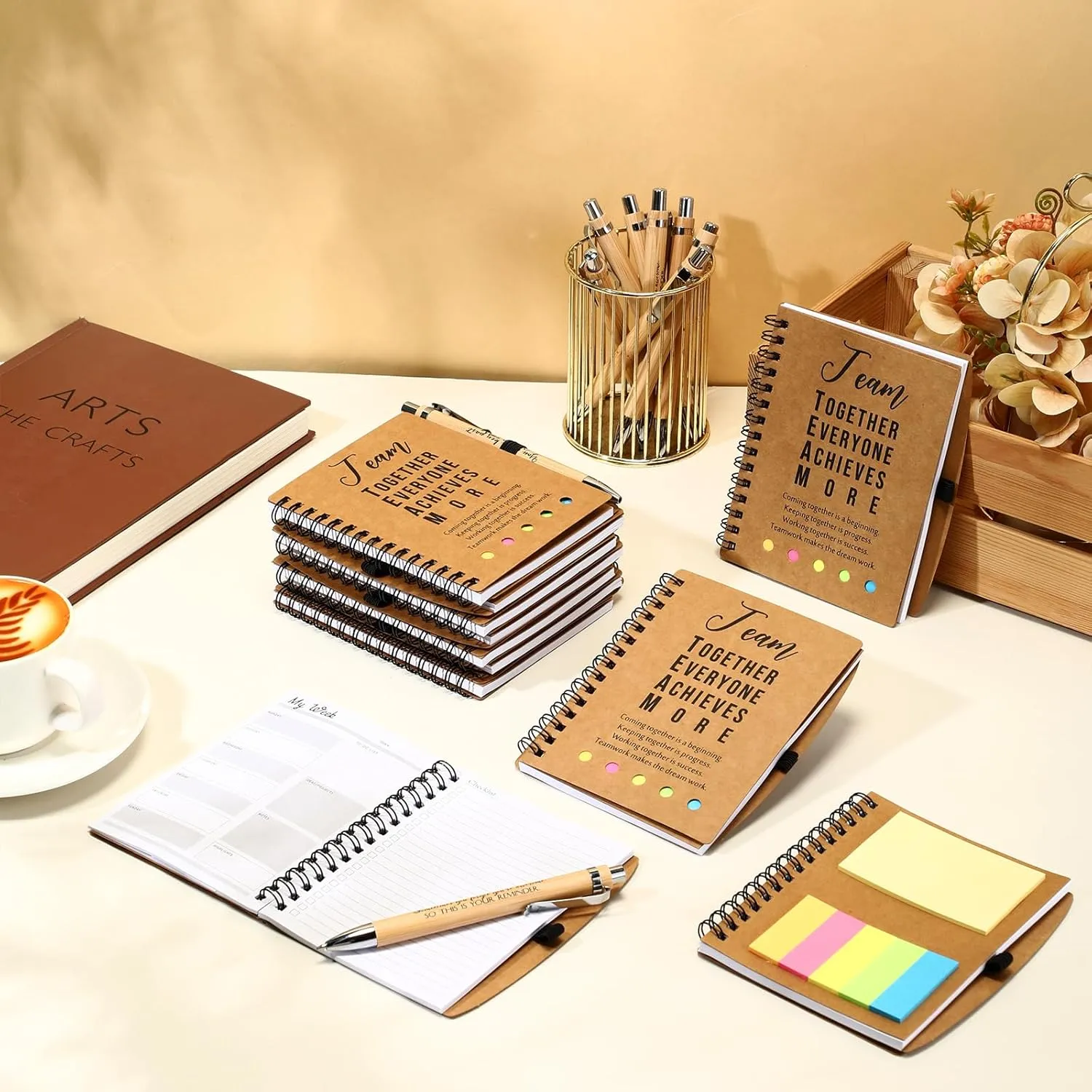 10 Sets Employee Appreciation Gifts Thank You Gifts Bulk Inspirational Spiral Notebooks with Sticky Notepad and Bamboo Pen for Team Volunteer CNA Staff Teacher Students (Team Together)