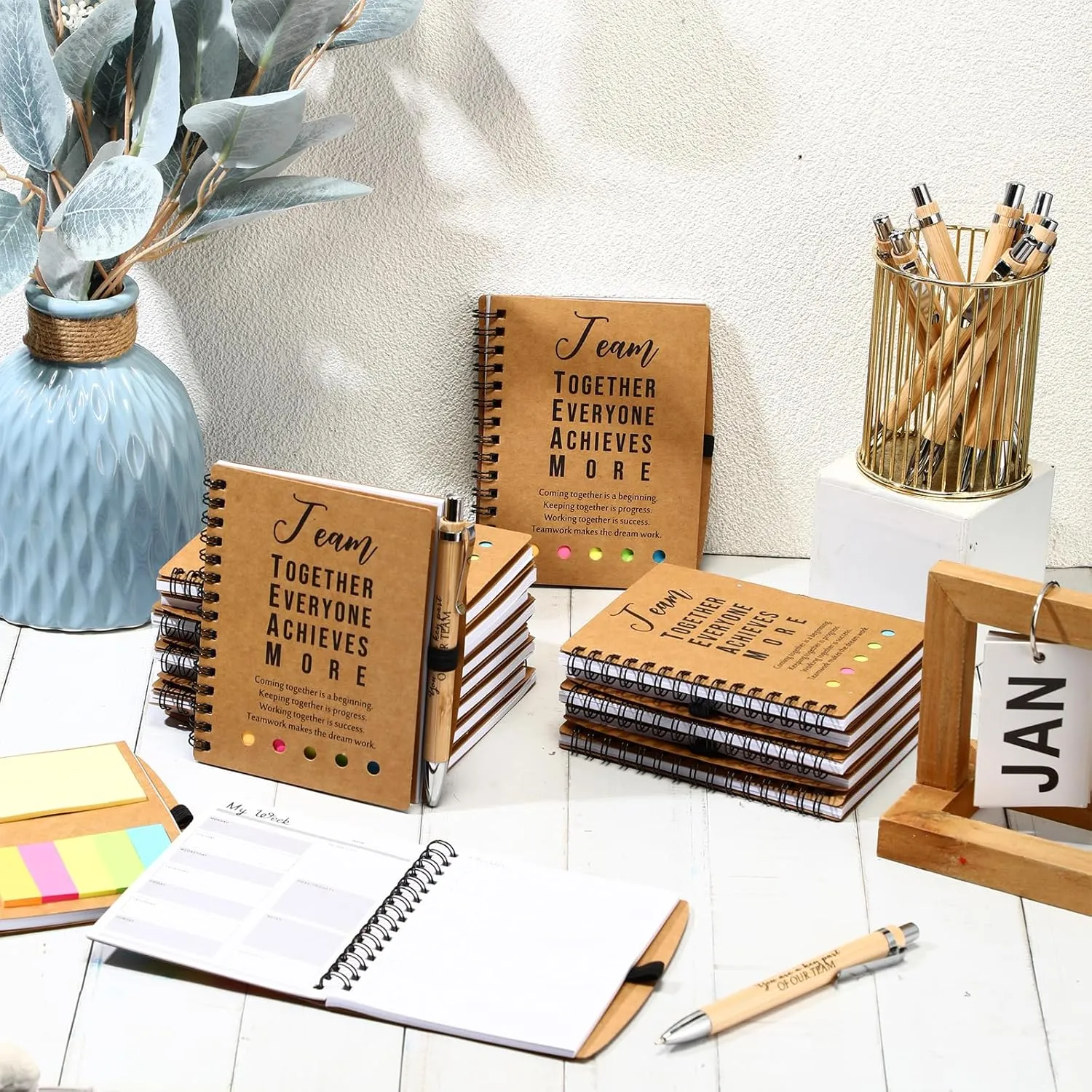 10 Sets Employee Appreciation Gifts Thank You Gifts Bulk Inspirational Spiral Notebooks with Sticky Notepad and Bamboo Pen for Team Volunteer CNA Staff Teacher Students (Team Together)