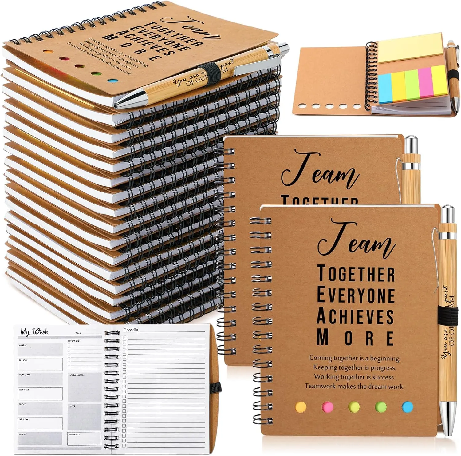 10 Sets Employee Appreciation Gifts Thank You Gifts Bulk Inspirational Spiral Notebooks with Sticky Notepad and Bamboo Pen for Team Volunteer CNA Staff Teacher Students (Team Together)
