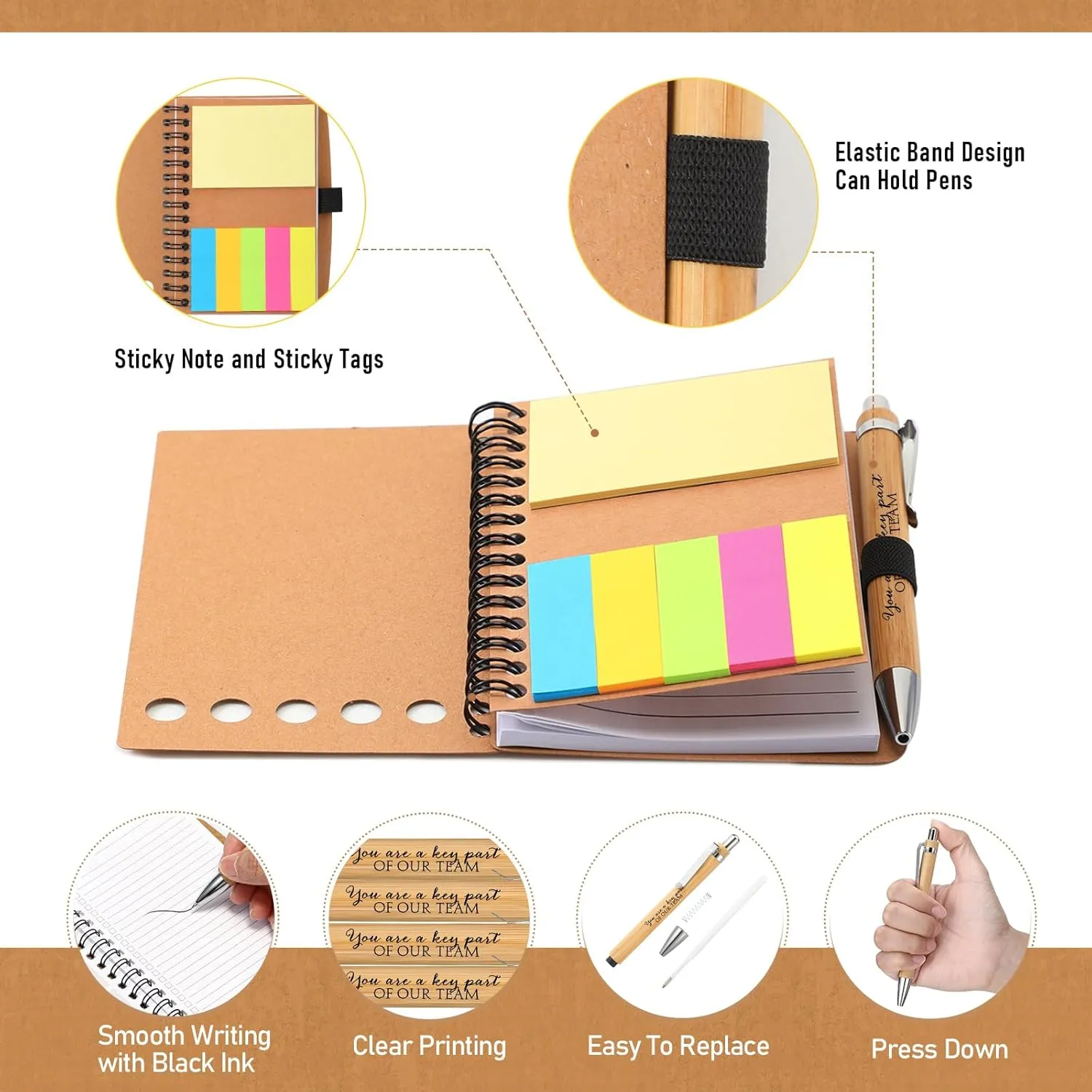 10 Sets Employee Appreciation Gifts Thank You Gifts Bulk Inspirational Spiral Notebooks with Sticky Notepad and Bamboo Pen for Team Volunteer CNA Staff Teacher Students (Team Together)