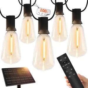100 FT Solar String Lights Outdoor Waterproof with Remote & USB Port, Solar Power Patio Hanging Lights with Dimmer, Shatterproof LED Edison Bulb Outdoor String Lights for Outside Cafe Yard Fence