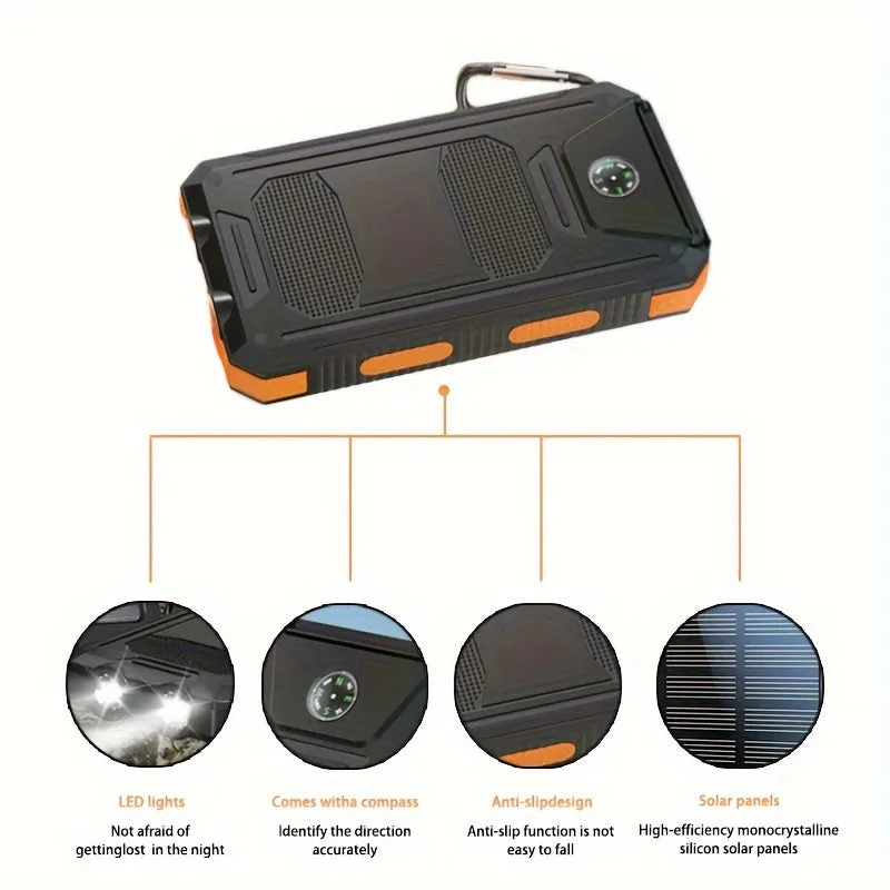10000mAh Portable Solar Power Bank, 1 Piece Dual USB Output Port Power Bank With LED Light