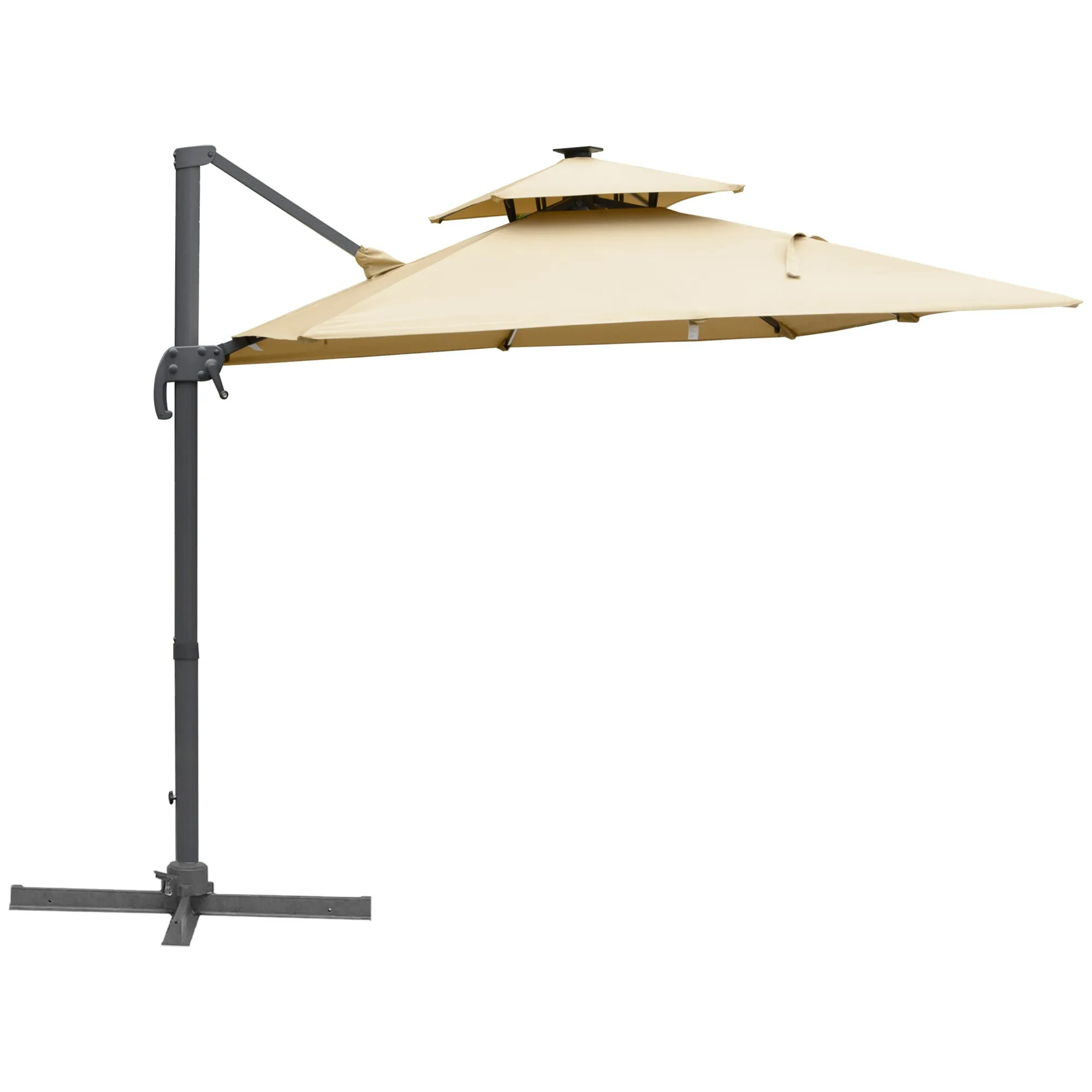 10FT Double Top Offset Umbrella with Solar LED Lights, 360?? Rotation & Tilt, Khaki