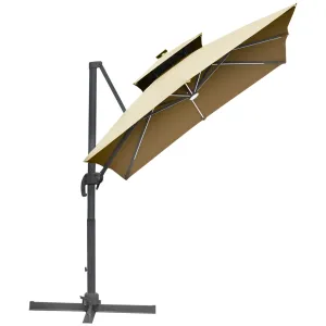 10FT Double Top Offset Umbrella with Solar LED Lights, 360?? Rotation & Tilt, Khaki