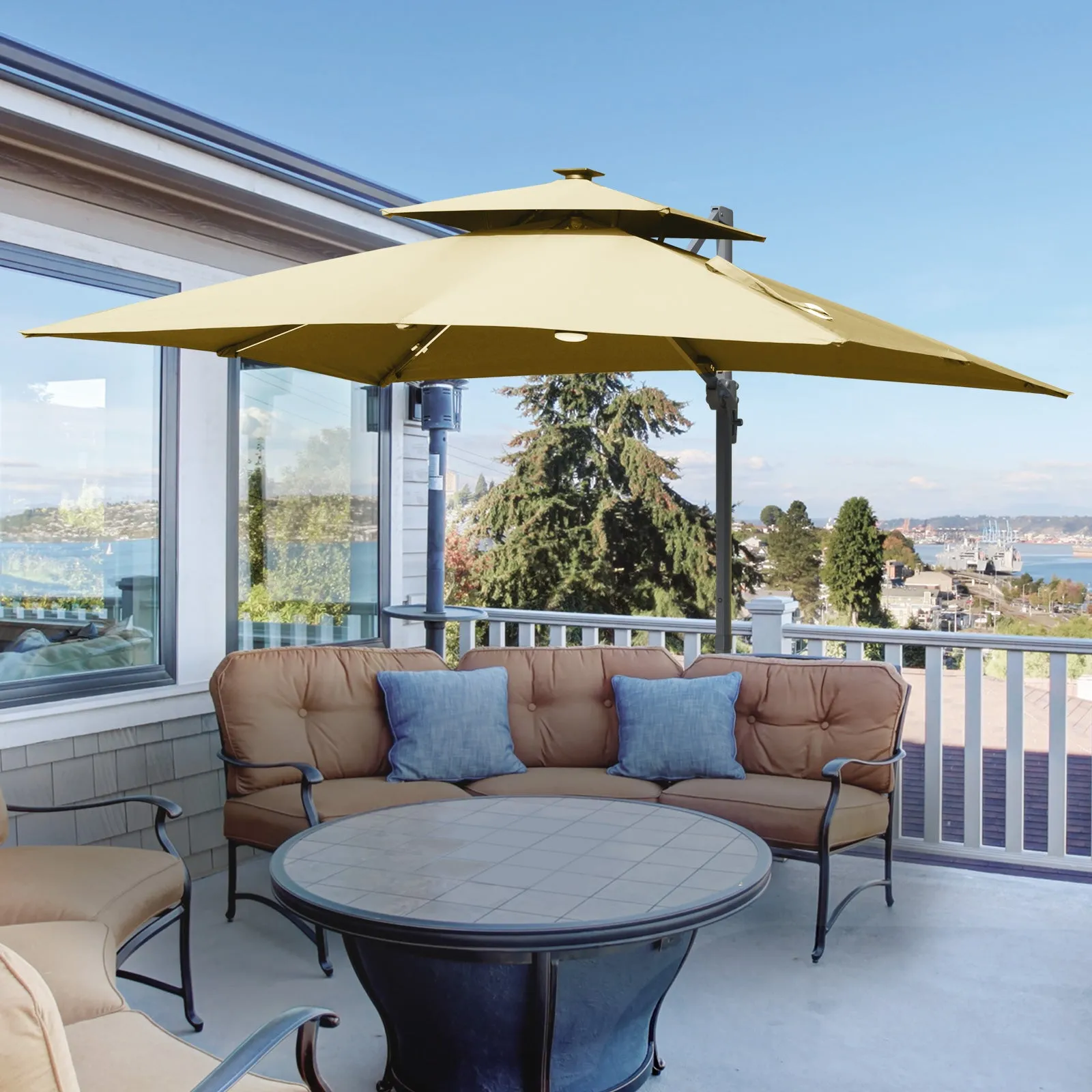 10FT Double Top Offset Umbrella with Solar LED Lights, 360?? Rotation & Tilt, Khaki