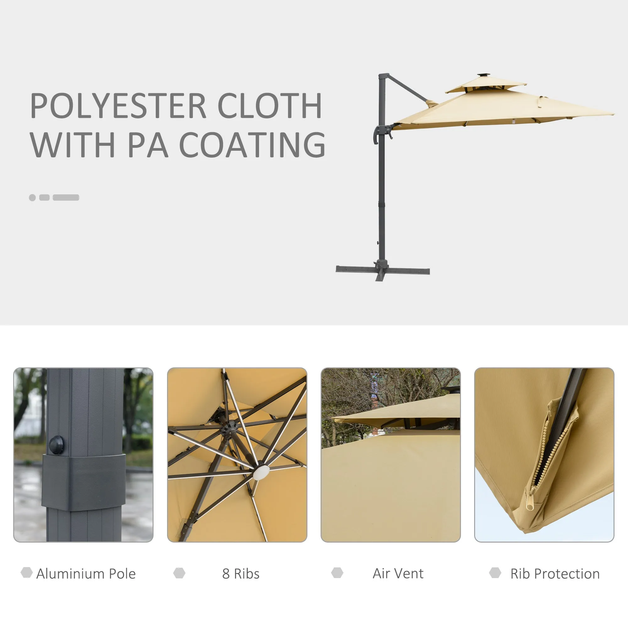 10FT Double Top Offset Umbrella with Solar LED Lights, 360?? Rotation & Tilt, Khaki