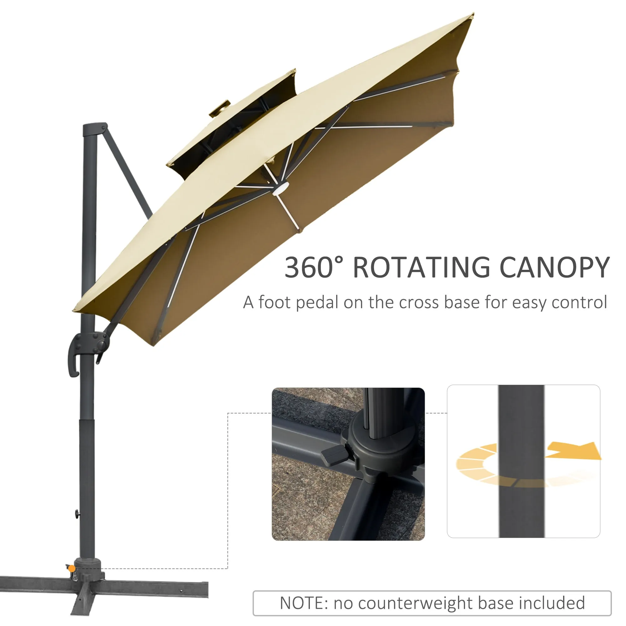 10FT Double Top Offset Umbrella with Solar LED Lights, 360?? Rotation & Tilt, Khaki