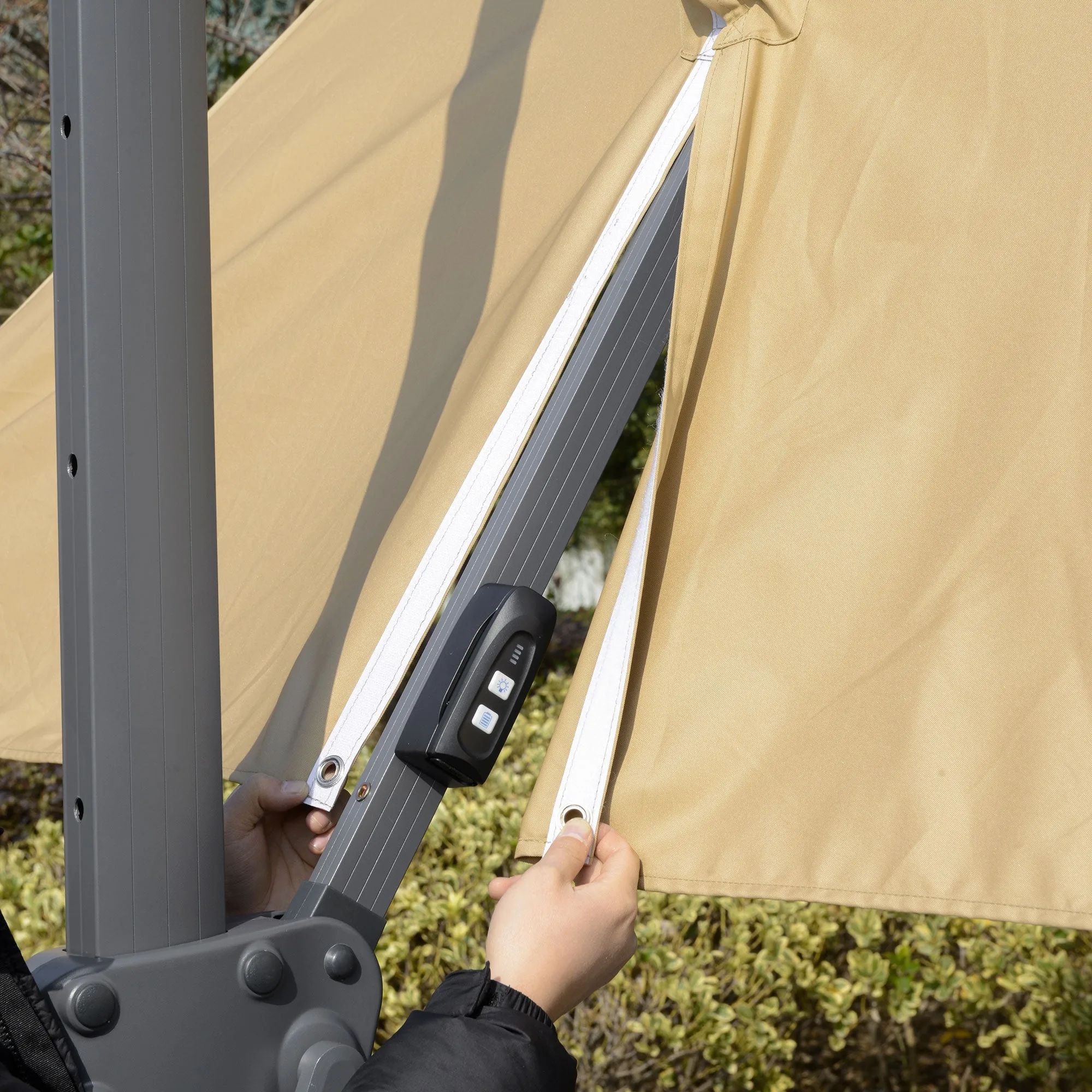 10FT Double Top Offset Umbrella with Solar LED Lights, 360?? Rotation & Tilt, Khaki