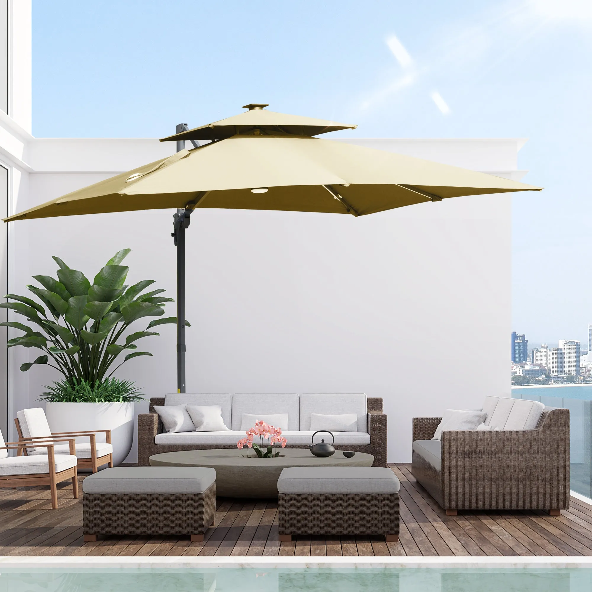 10FT Double Top Offset Umbrella with Solar LED Lights, 360?? Rotation & Tilt, Khaki