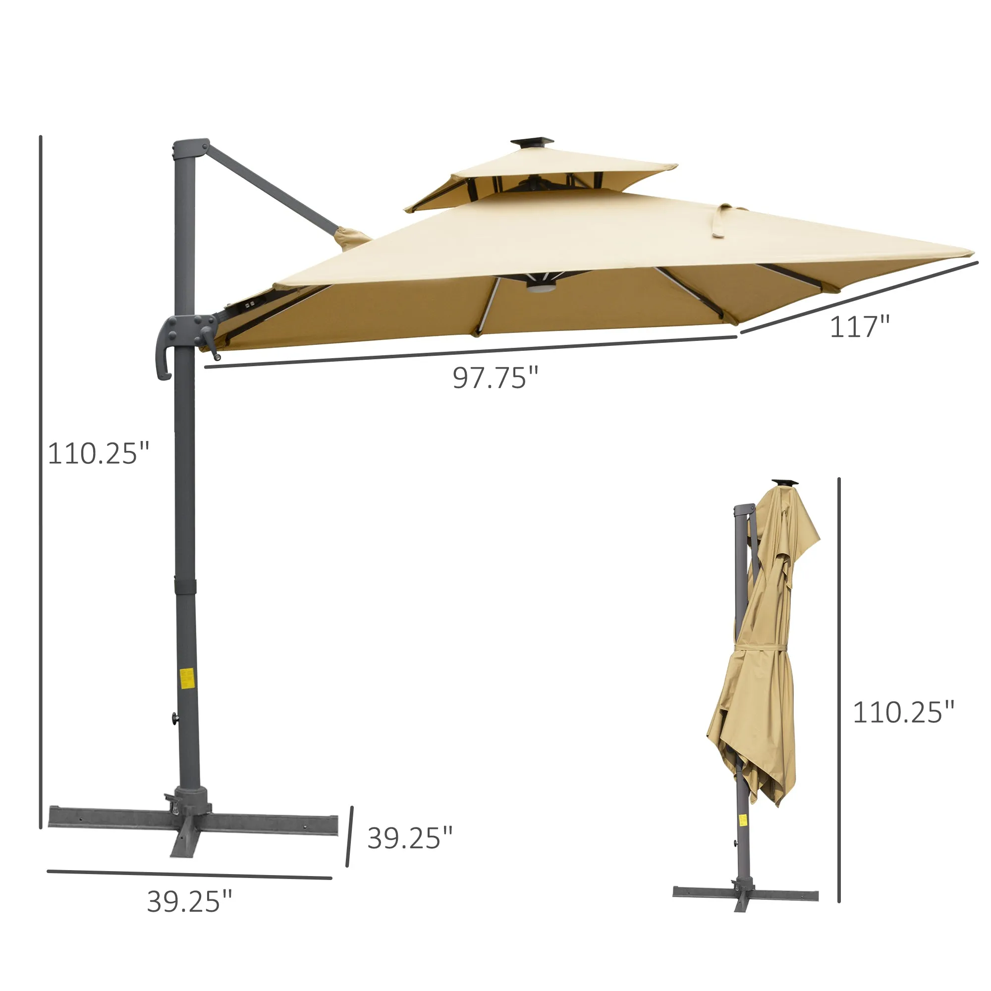 10FT Double Top Offset Umbrella with Solar LED Lights, 360?? Rotation & Tilt, Khaki