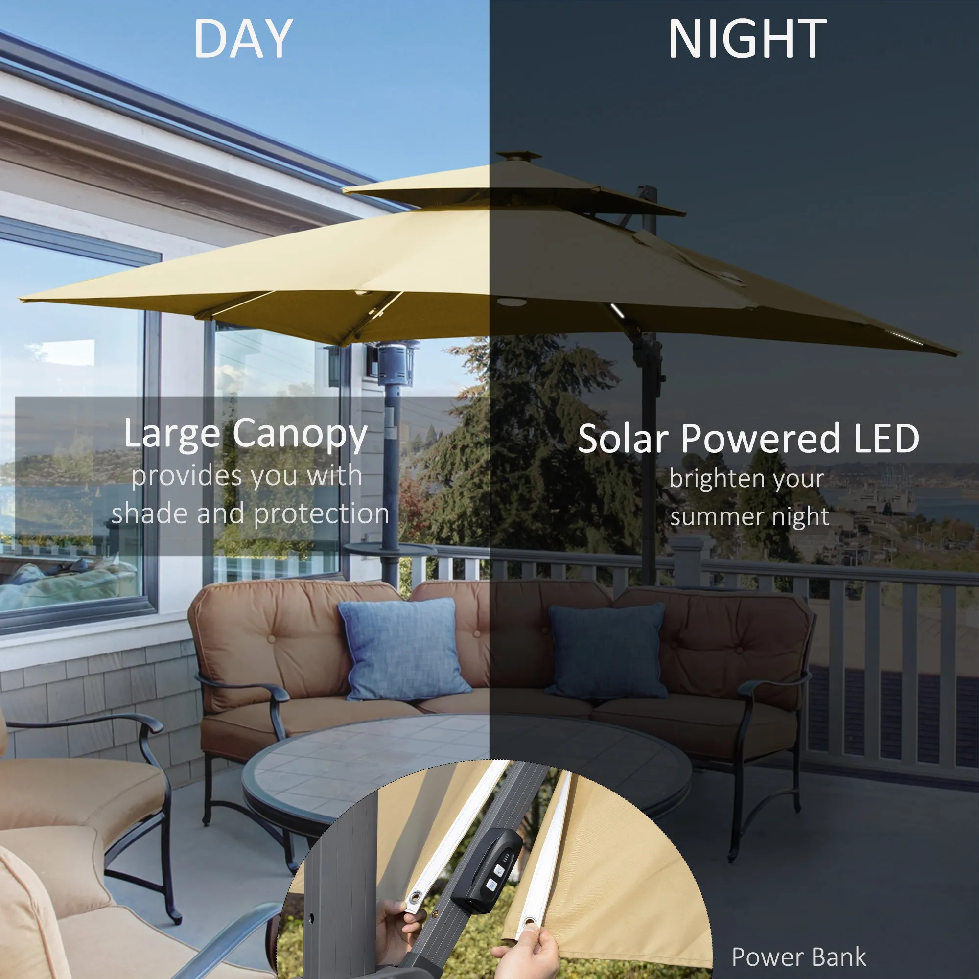 10FT Double Top Offset Umbrella with Solar LED Lights, 360?? Rotation & Tilt, Khaki