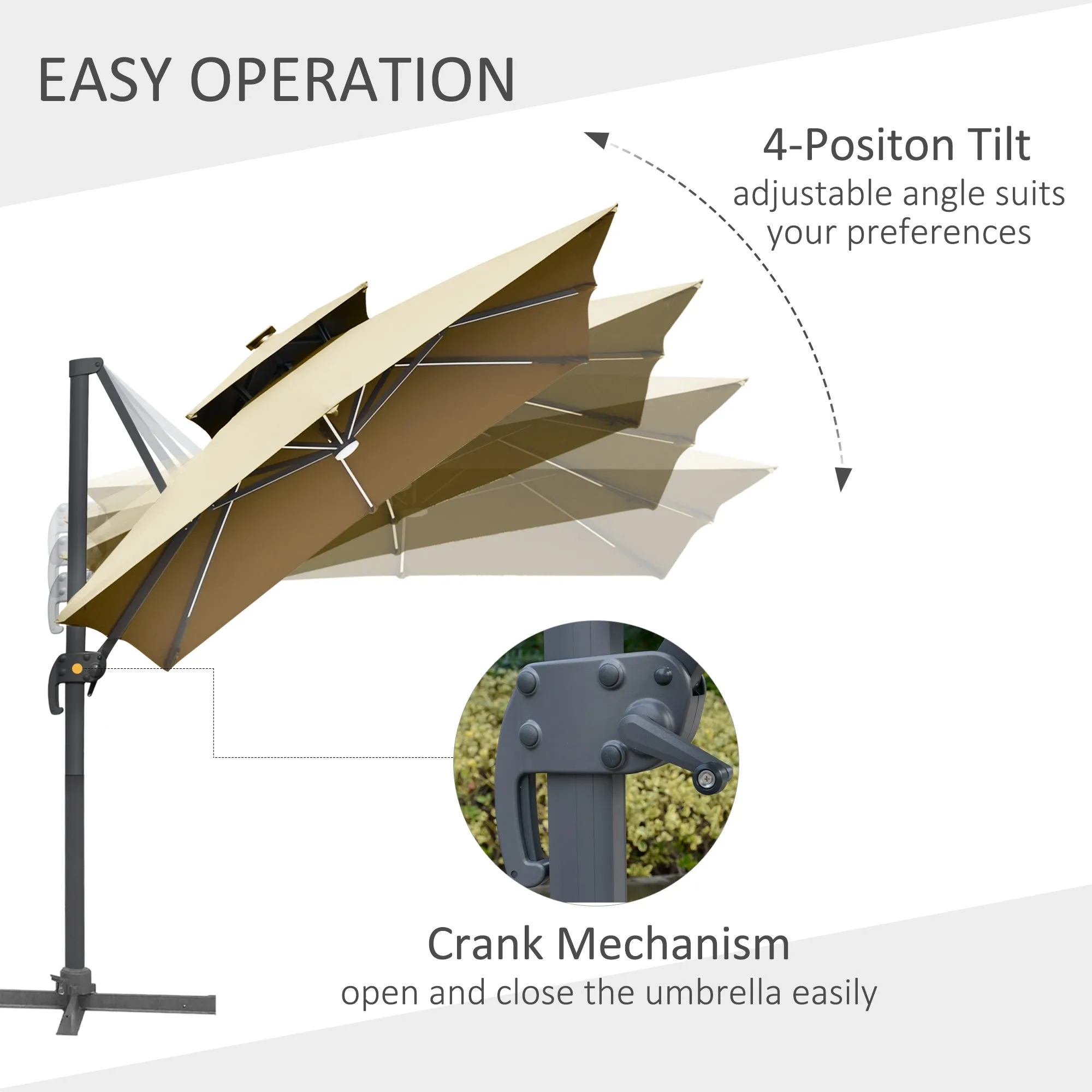 10FT Double Top Offset Umbrella with Solar LED Lights, 360?? Rotation & Tilt, Khaki