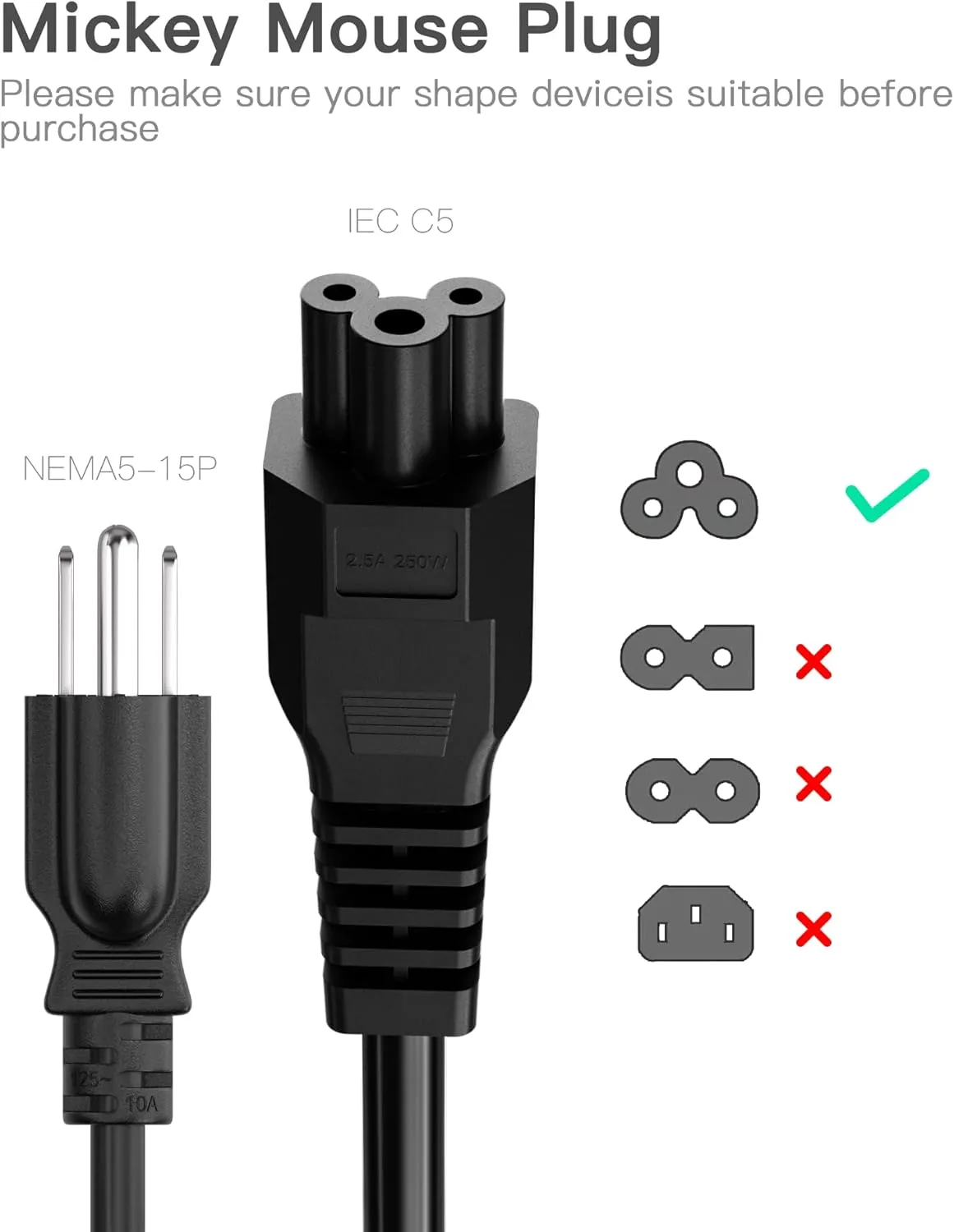 10ft Power Cord Fast Charging Cable Compatible with Ninebot by Segway P65/P100S/G30P/G30/F60 Charger Adapter, MAX G2/G30 Charging Cable 3 Prong Mickey Mouse Power Cable US Standard AC Cable