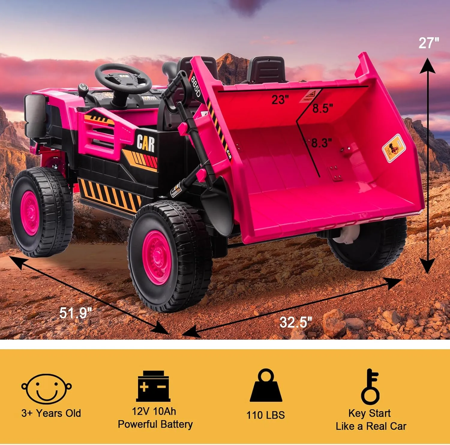 12V Ride on Dump Truck,4X100W Ride on Construction Vehicles Powerful Motors Up to 5Mph,Battery Powered Construction Vehicles,12V Ride on Car with Remote Control, Soft Start for Boys Girls Pink