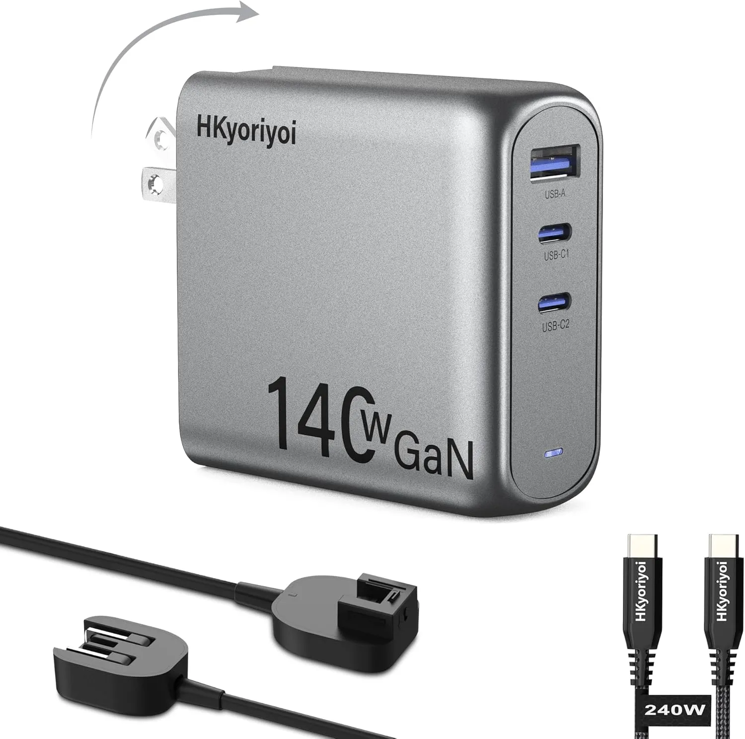 140W USB C Charger, PD3.1 GaN 3 Port Power Adapter With 5ft Detachable Extension Cord for MacBook Pro 16'', Dell XPS, iPad Pro, Galaxy, iPhone 16/15, Power Bank and More