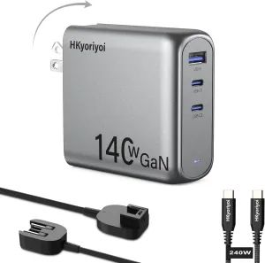 140W USB C Charger, PD3.1 GaN 3 Port Power Adapter With 5ft Detachable Extension Cord for MacBook Pro 16'', Dell XPS, iPad Pro, Galaxy, iPhone 16/15, Power Bank and More