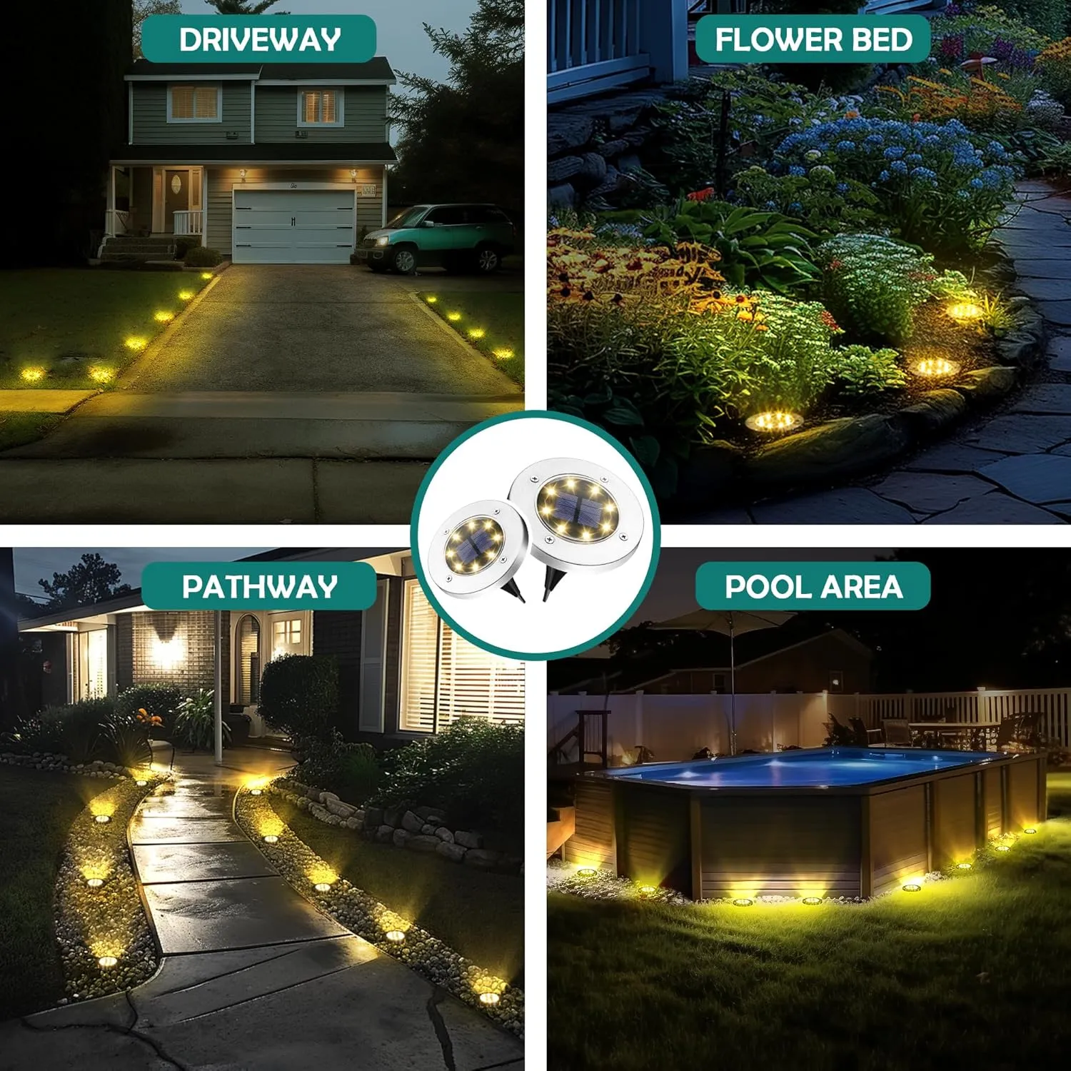 16 Pack Solar Lights Outdoor, 8 LED Solar Powered Ground Lights Waterproof Garden Landscape Lighting for Yard Deck Patio Driveway Pathway Walkway (Warm White)