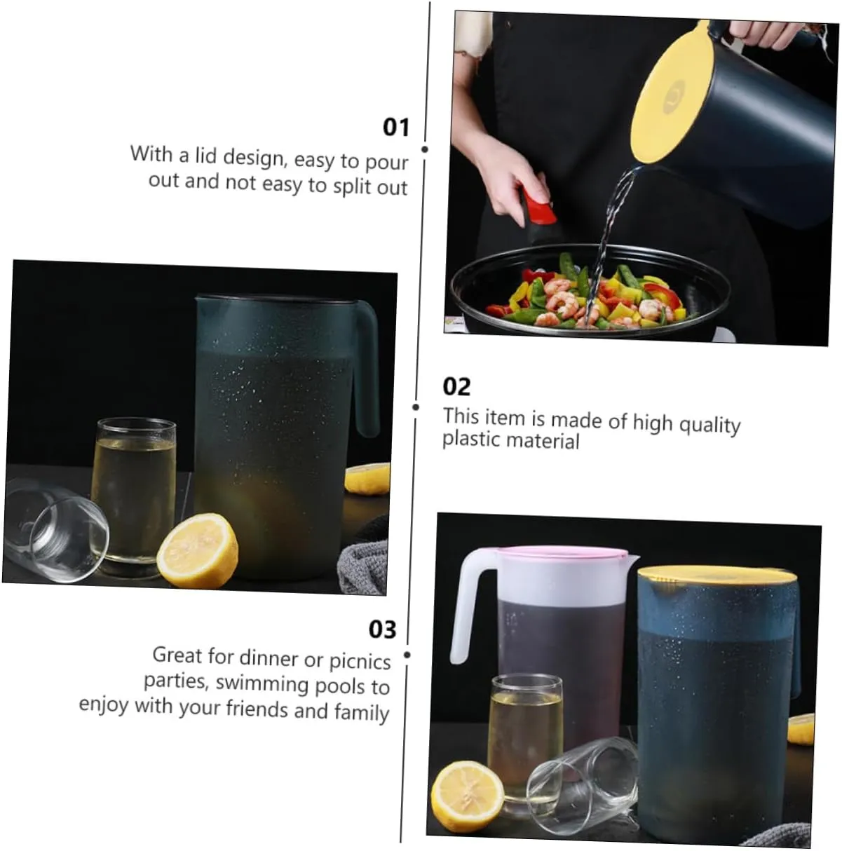 1pc Large Capacity Plastic Water Kettle with Lid and Handle Heat-resistant Cold Water Pitcher for Easy Pouring for Tea Juice and Picnics Gray