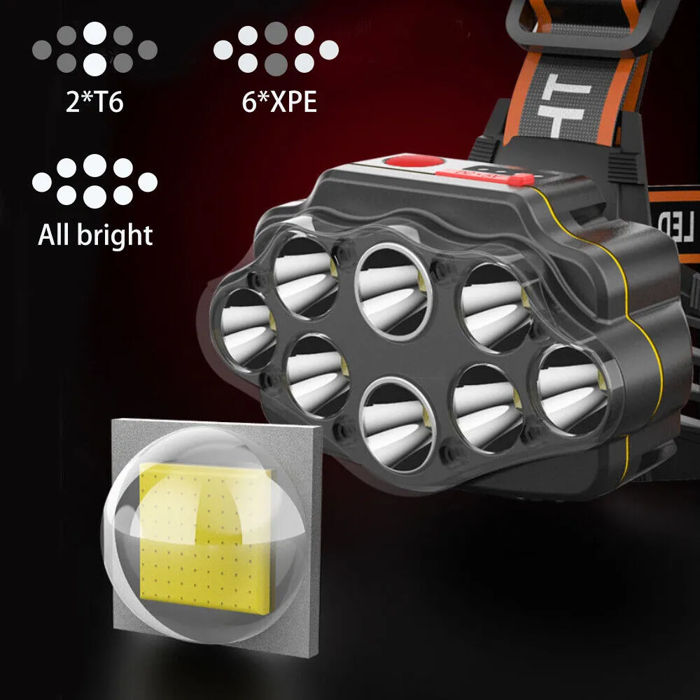 1x USB Rechargeable Head Light 8 LED Headlight Head Lamp Waterproof Head Torch