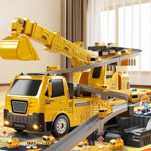 2 in 1 Construction Cranes Truck Toy Playset, Engineering Excavator Track Set with Crane, Excavator, Track, Transport Vehicles, Sound & Light, Gift for Age 3 4 5 6 Years Old Boys Girls