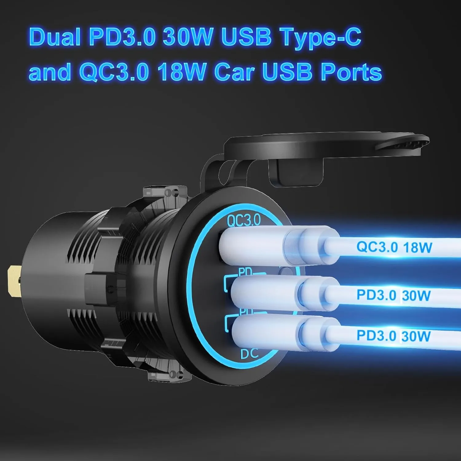 2 Pack 12V USB Outlet Wired Charger Multi Port, Dual PD3.0 USB-C and Quick Charge 3.0 Car Port Socket with Power Switch, Fast Charger for Cell Phone Tablet, Suitable for Car Boat RV Marine ATV