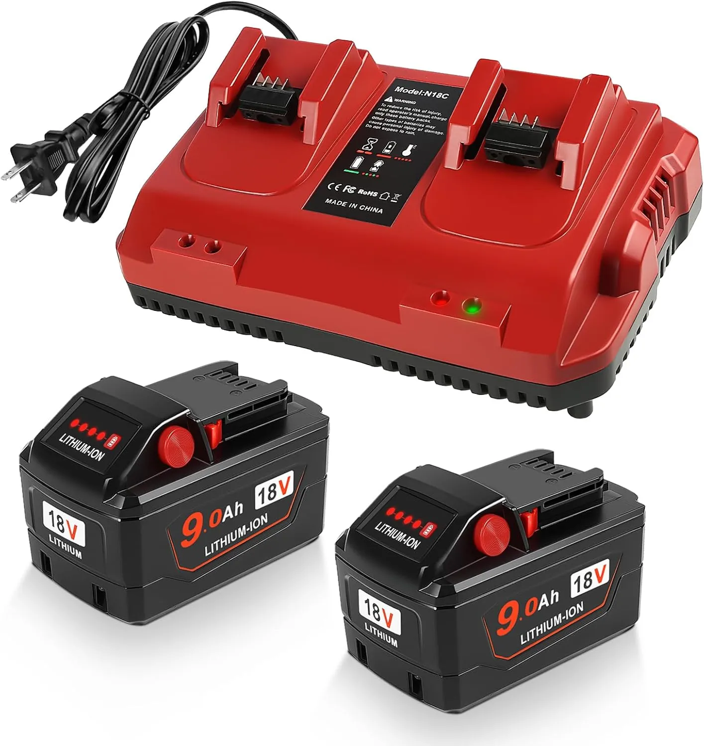 2 Pack 18V 9.0 Ah Battery and Charger Replacement for Milwaukee m18 Lithium-Ion High Output Starter Kit