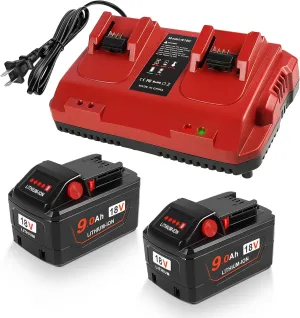 2 Pack 18V 9.0 Ah Battery and Charger Replacement for Milwaukee m18 Lithium-Ion High Output Starter Kit