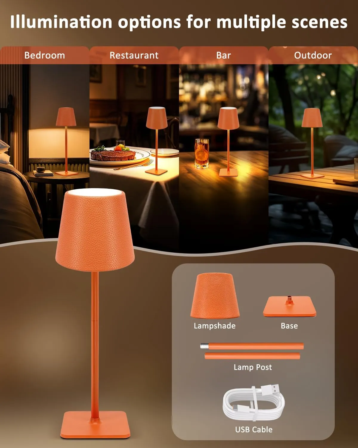2 Pack Battery Operated Table Lamp - 6000mAh Rechargeable Cordless Desk Lamp - Portable Wireless Light for Outdoor with Leather Shade for Home, Restaurant, Dining, Party, Camping (Orange)