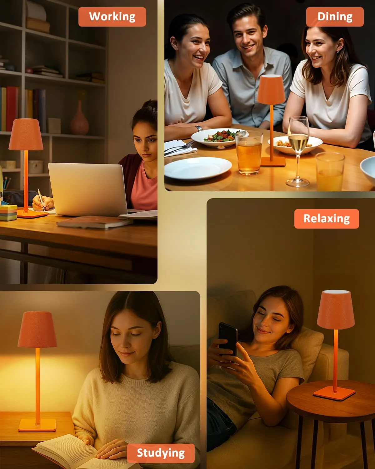 2 Pack Battery Operated Table Lamp - 6000mAh Rechargeable Cordless Desk Lamp - Portable Wireless Light for Outdoor with Leather Shade for Home, Restaurant, Dining, Party, Camping (Orange)