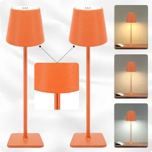 2 Pack Battery Operated Table Lamp - 6000mAh Rechargeable Cordless Desk Lamp - Portable Wireless Light for Outdoor with Leather Shade for Home, Restaurant, Dining, Party, Camping (Orange)