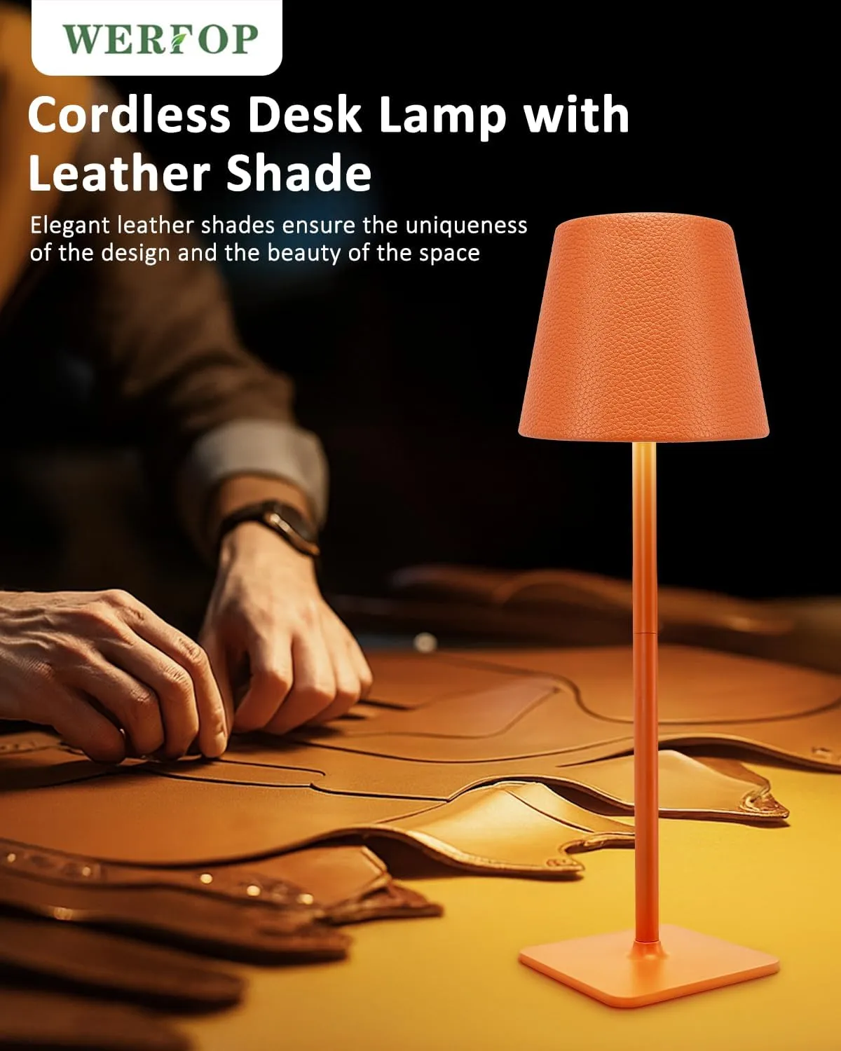 2 Pack Battery Operated Table Lamp - 6000mAh Rechargeable Cordless Desk Lamp - Portable Wireless Light for Outdoor with Leather Shade for Home, Restaurant, Dining, Party, Camping (Orange)