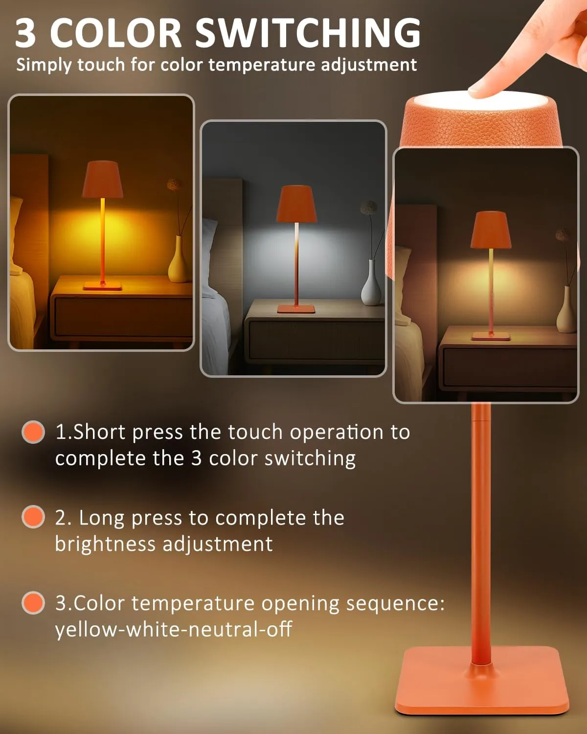 2 Pack Battery Operated Table Lamp - 6000mAh Rechargeable Cordless Desk Lamp - Portable Wireless Light for Outdoor with Leather Shade for Home, Restaurant, Dining, Party, Camping (Orange)