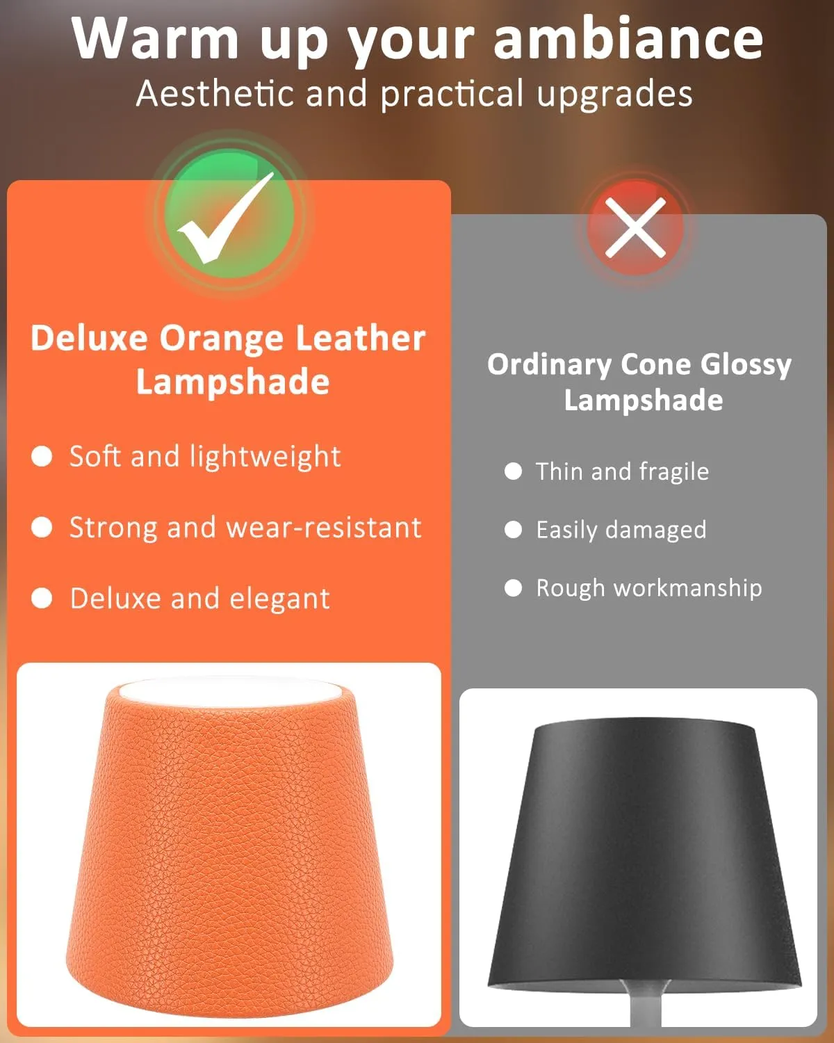 2 Pack Battery Operated Table Lamp - 6000mAh Rechargeable Cordless Desk Lamp - Portable Wireless Light for Outdoor with Leather Shade for Home, Restaurant, Dining, Party, Camping (Orange)