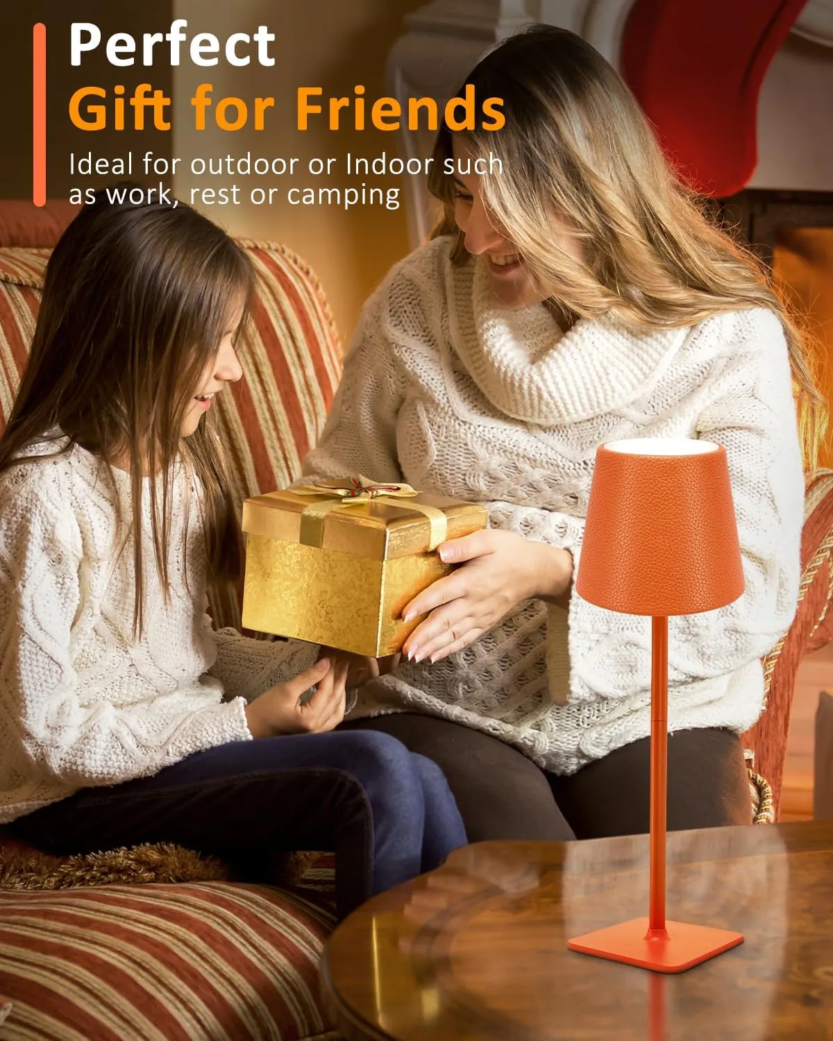 2 Pack Battery Operated Table Lamp - 6000mAh Rechargeable Cordless Desk Lamp - Portable Wireless Light for Outdoor with Leather Shade for Home, Restaurant, Dining, Party, Camping (Orange)