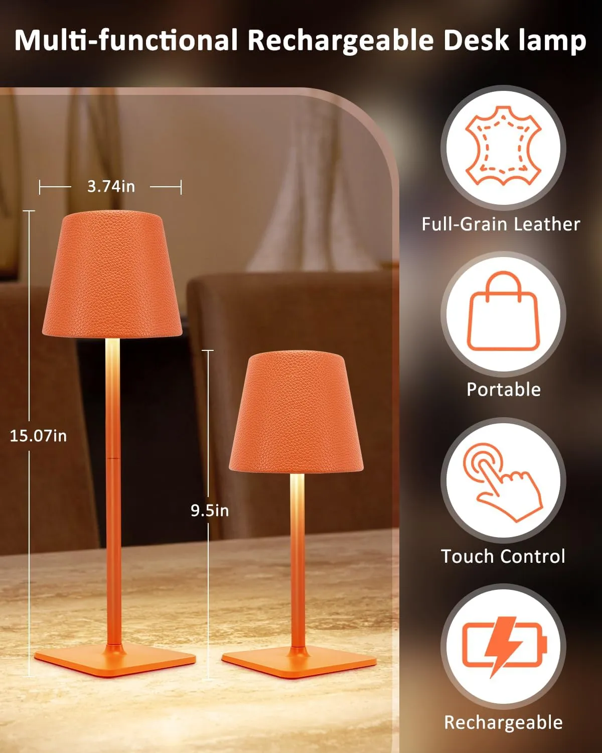 2 Pack Battery Operated Table Lamp - 6000mAh Rechargeable Cordless Desk Lamp - Portable Wireless Light for Outdoor with Leather Shade for Home, Restaurant, Dining, Party, Camping (Orange)