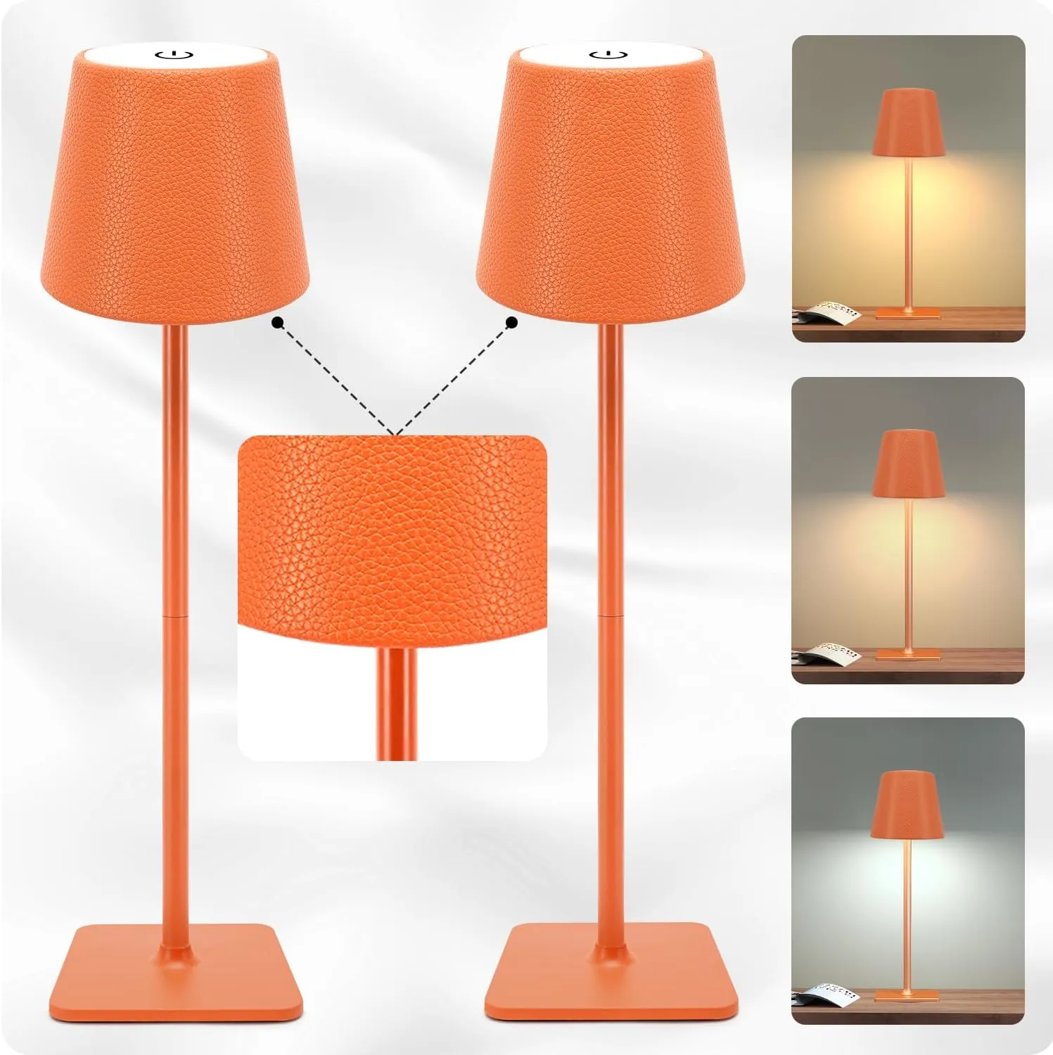 2 Pack Battery Operated Table Lamp - 6000mAh Rechargeable Cordless Desk Lamp - Portable Wireless Light for Outdoor with Leather Shade for Home, Restaurant, Dining, Party, Camping (Orange)