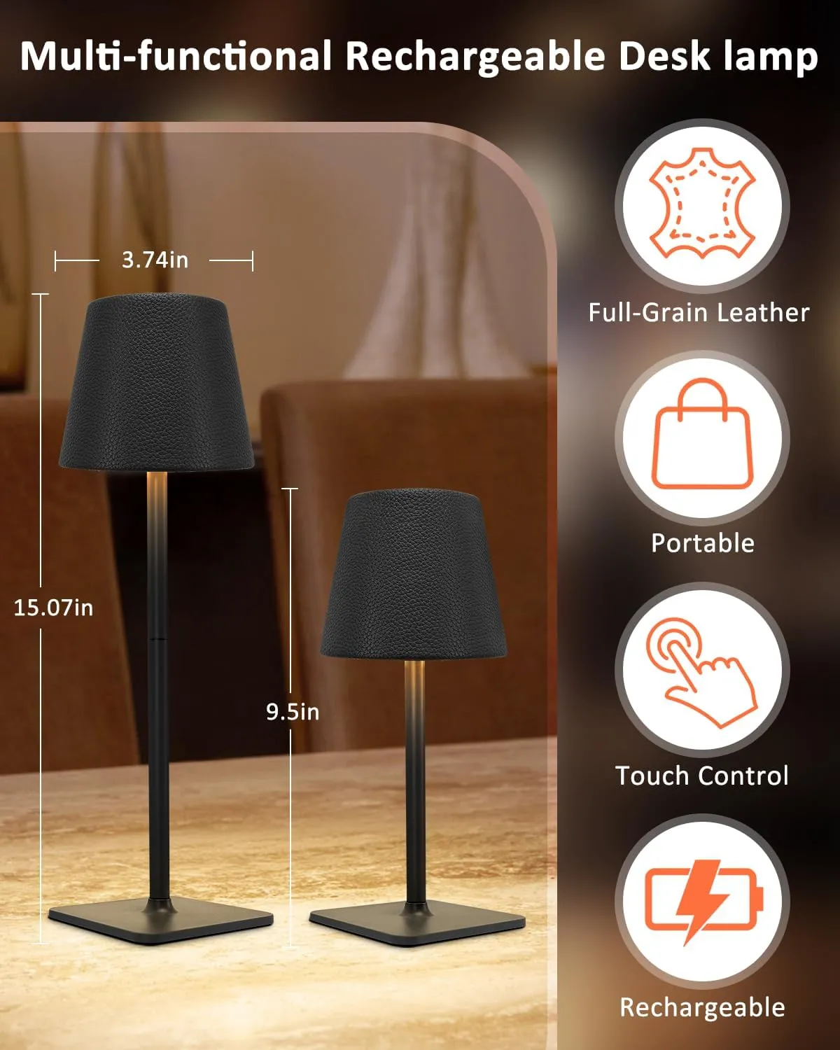 2 Pack Rechargeable Cordless Table Lamp - 6000mAh Battery Operated Desk Lamp for Outdoor - Portable Wireless Light with Leather Shade for Home, Restaurant, Dining, Party, Camping (Black)