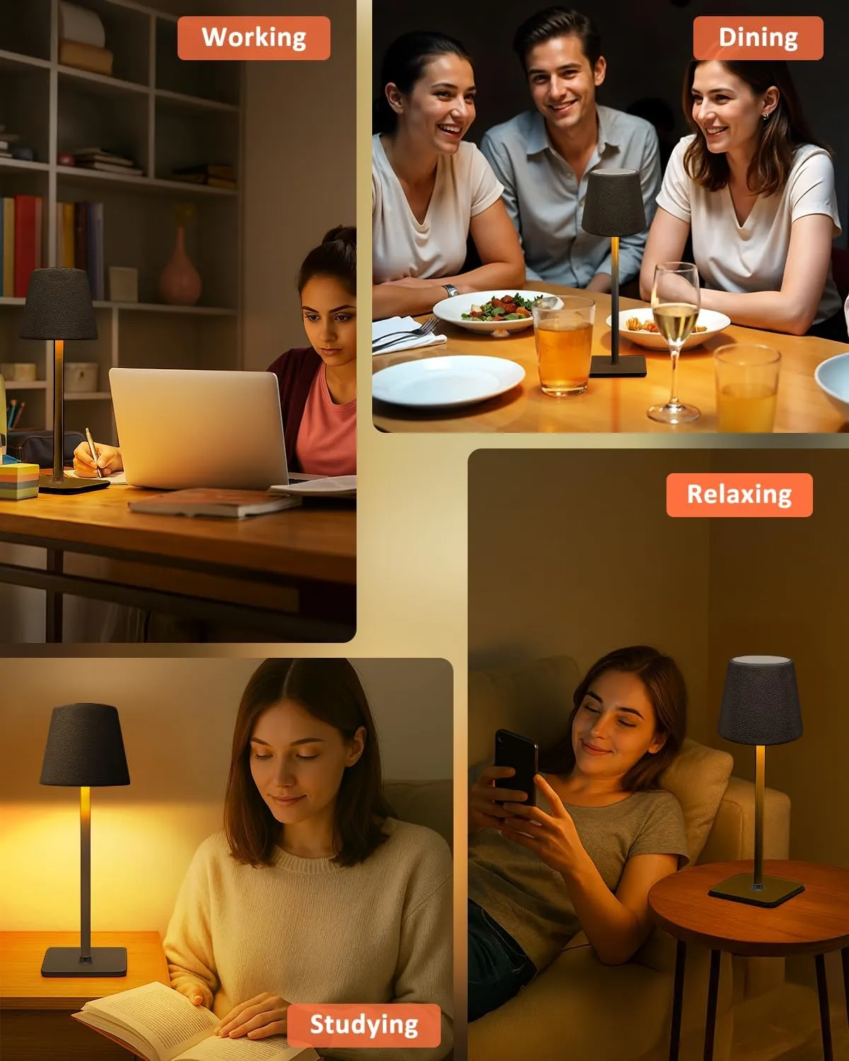 2 Pack Rechargeable Cordless Table Lamp - 6000mAh Battery Operated Desk Lamp for Outdoor - Portable Wireless Light with Leather Shade for Home, Restaurant, Dining, Party, Camping (Black)