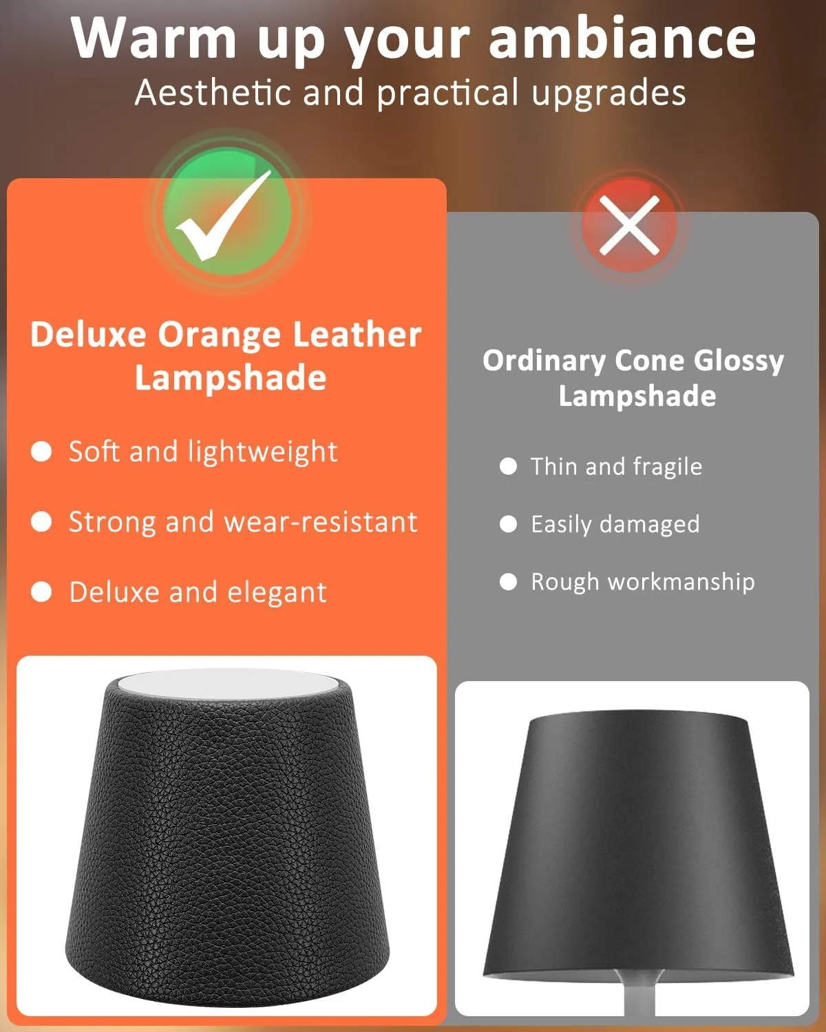 2 Pack Rechargeable Cordless Table Lamp - 6000mAh Battery Operated Desk Lamp for Outdoor - Portable Wireless Light with Leather Shade for Home, Restaurant, Dining, Party, Camping (Black)