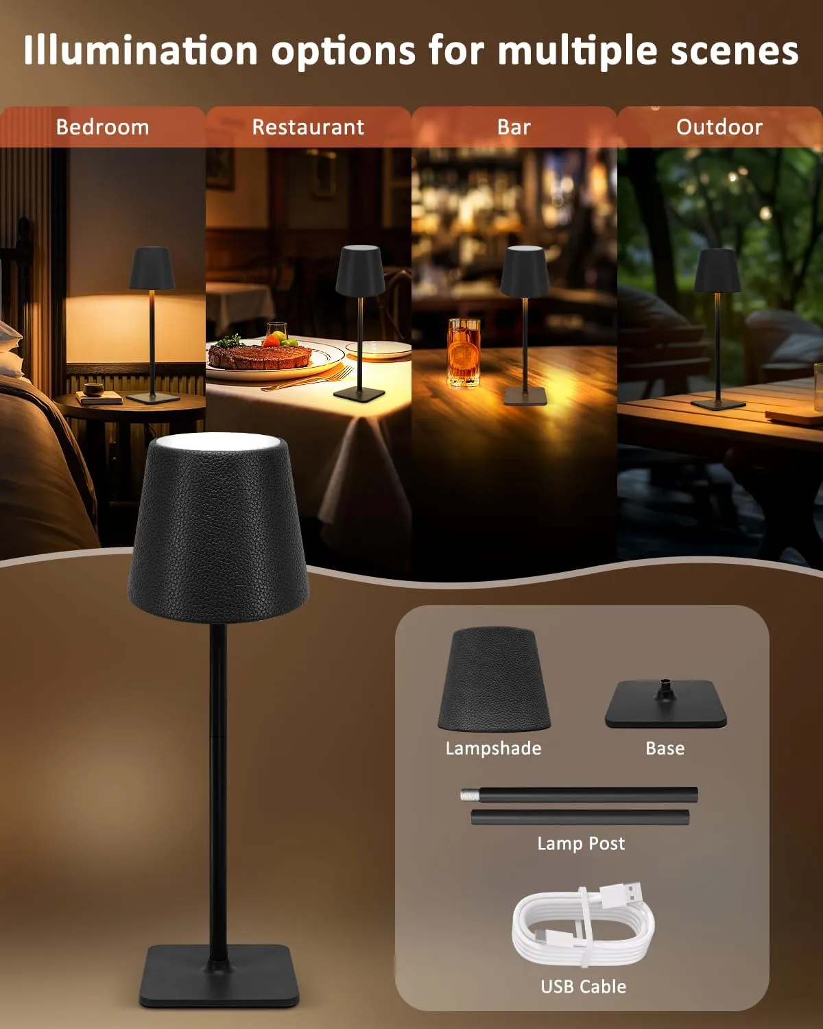 2 Pack Rechargeable Cordless Table Lamp - 6000mAh Battery Operated Desk Lamp for Outdoor - Portable Wireless Light with Leather Shade for Home, Restaurant, Dining, Party, Camping (Black)