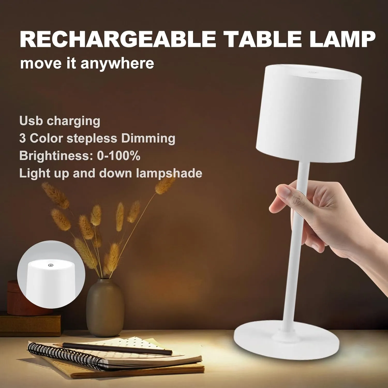 2 Pack Rechargeable Table Lamps, Battery Powered LED Desk Lamp, 3 Color Stepless Dimming Up, Portable Table Light for Bedroom/Couple Dinner/Desk/Cafe/Dining Room/Terrace,Waterproof & Wireless