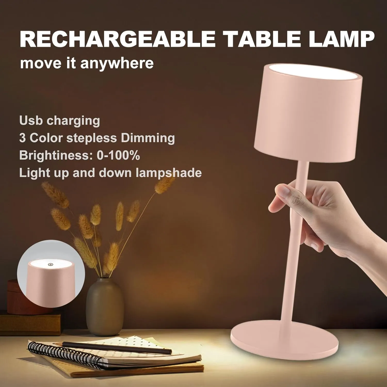 2 Pack Rechargeable Table Lamps, Battery Powered LED Desk Lamp, 3 Color Stepless Dimming Up, Portable Table Light for Bedroom/Couple Dinner/Desk/Cafe/Dining Room/Terrace,Waterproof & Wireless