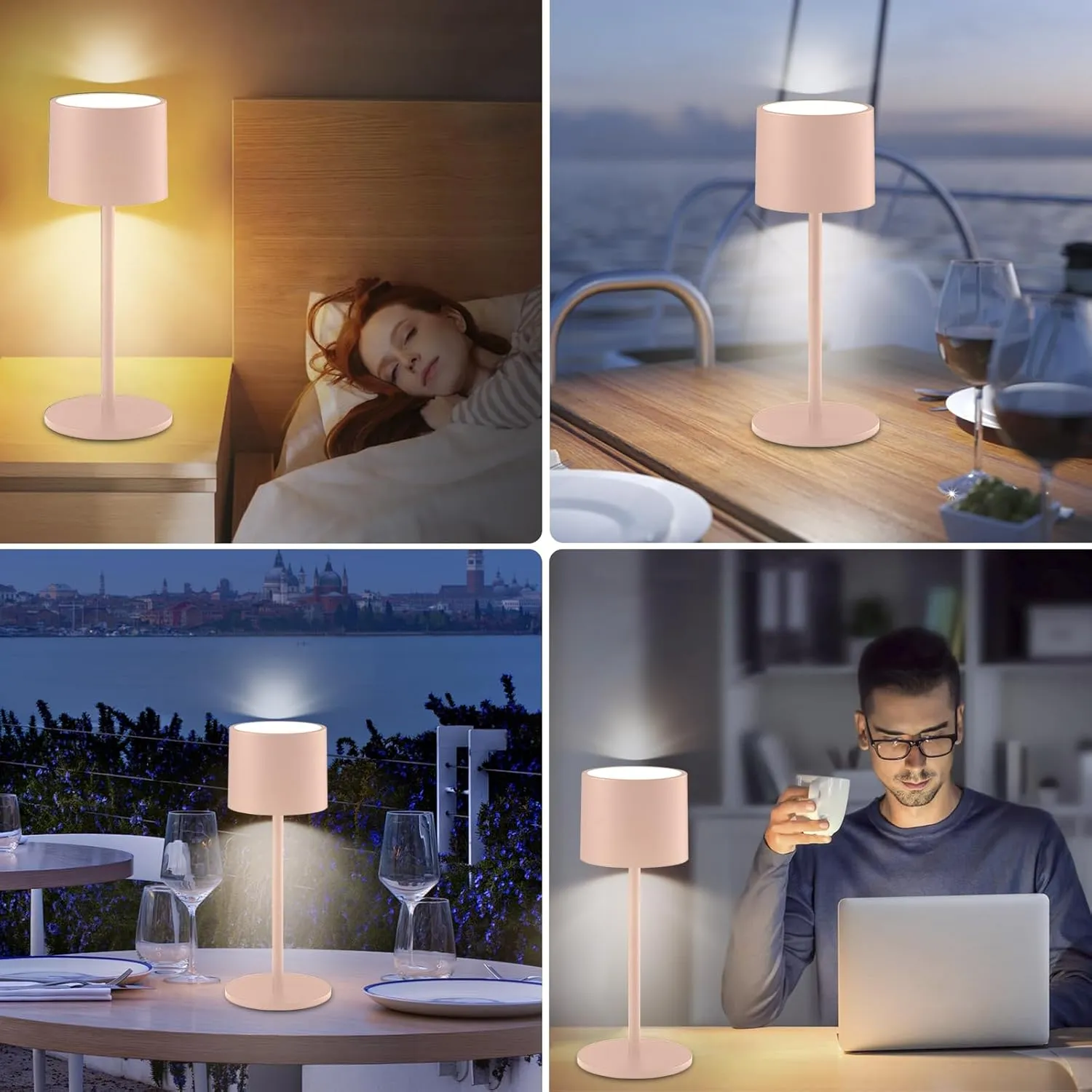 2 Pack Rechargeable Table Lamps, Battery Powered LED Desk Lamp, 3 Color Stepless Dimming Up, Portable Table Light for Bedroom/Couple Dinner/Desk/Cafe/Dining Room/Terrace,Waterproof & Wireless
