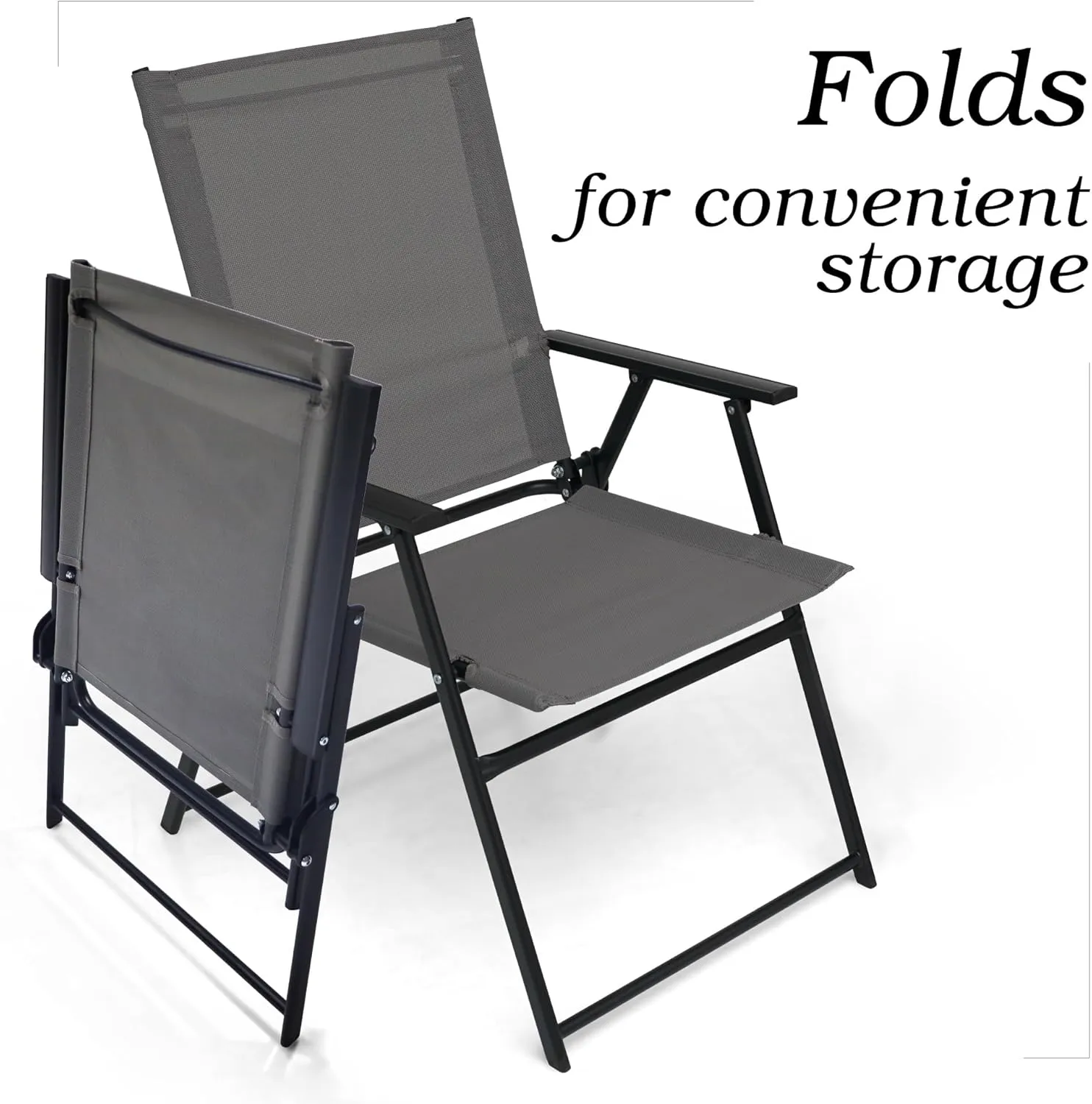 2 Pcs Folding Patio Chairs, Outdoor Dining Chairs with Grey Sling High Back and Armrests Used for Camping Garden Backyard Pool Porch