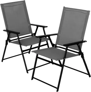 2 Pcs Folding Patio Chairs, Outdoor Dining Chairs with Grey Sling High Back and Armrests Used for Camping Garden Backyard Pool Porch