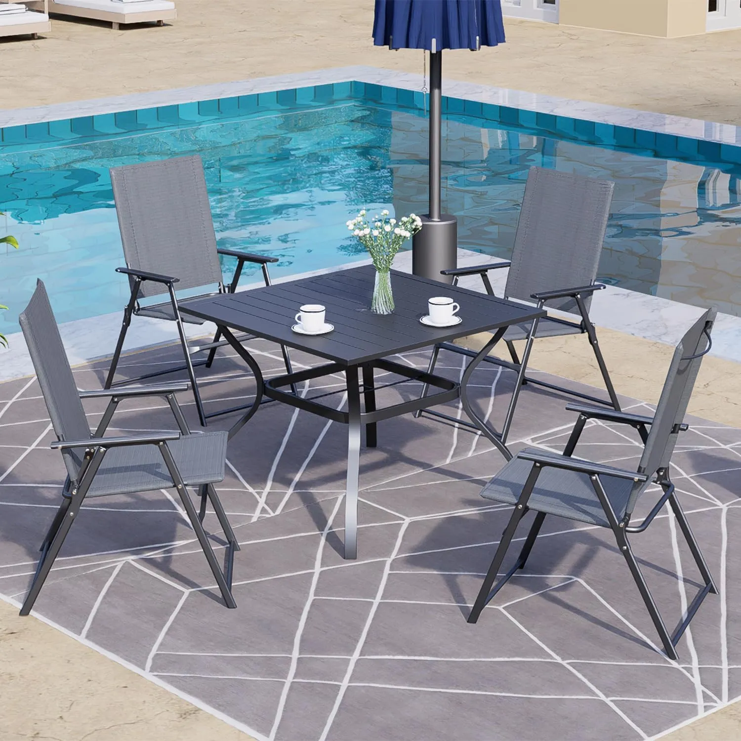 2 Pcs Folding Patio Chairs, Outdoor Dining Chairs with Grey Sling High Back and Armrests Used for Camping Garden Backyard Pool Porch