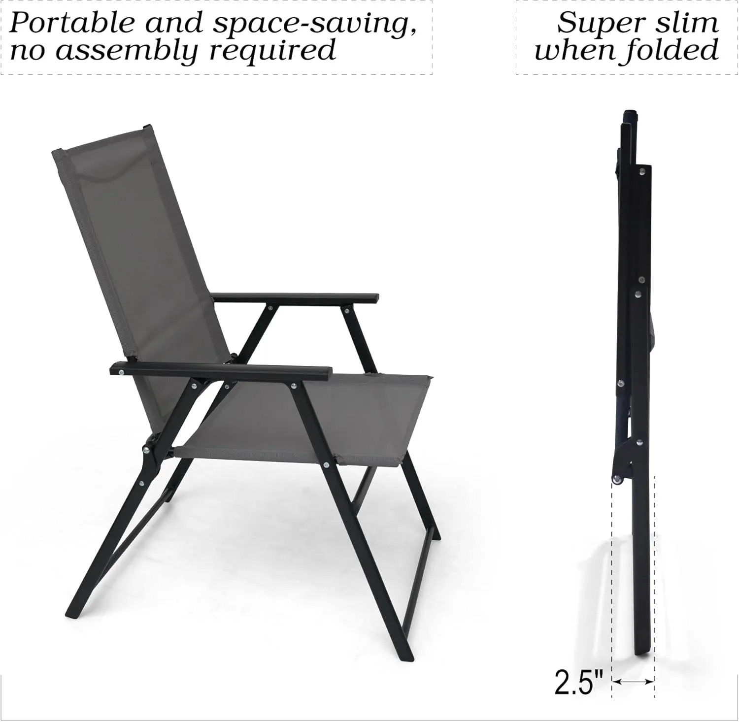 2 Pcs Folding Patio Chairs, Outdoor Dining Chairs with Grey Sling High Back and Armrests Used for Camping Garden Backyard Pool Porch