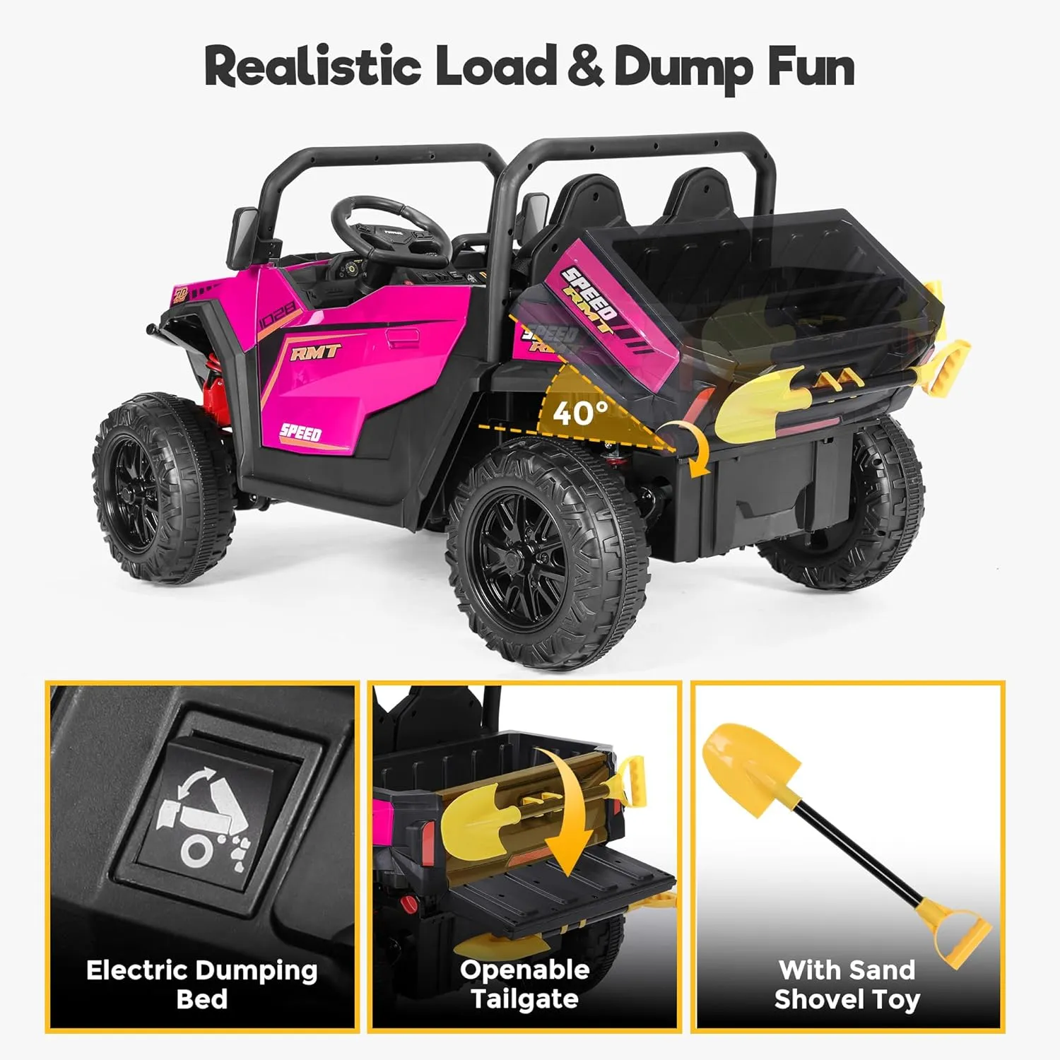 2 Seater Ride On UTV Car, 24V Kids Electric Dump Truck w/Remote Control, Dump Bed, 4x200W Motors, 4WD/2WD Switch, Max 5 MPH, 20" Seat, Bluetooth, Battery Powered Cars for Kids to Drive (Pink)